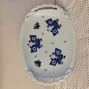 Japanese Blue & White Porcelain Oval Plate. Handpainted Samuris. 12"× 8 3/4"